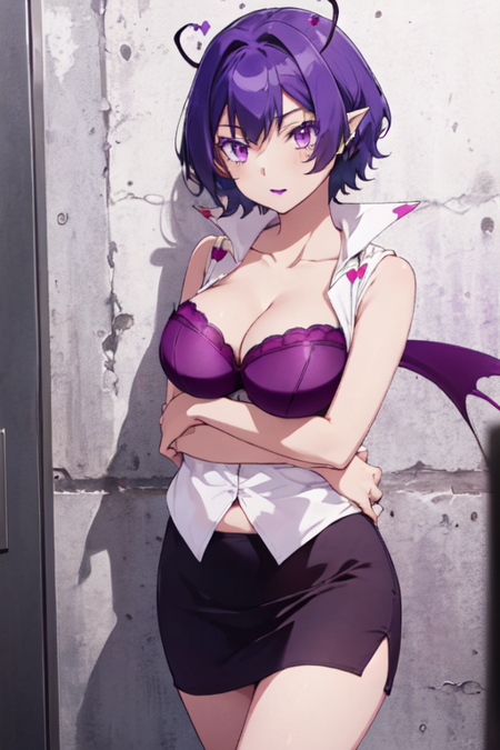 RaimDemonSchool, 1girl, solo, short hair, large breasts, cleavage, purple eyes, collarbone, purple hair, sleeveless, pointy ears, purple bra, makeup, purple bra, heart ahoge, purple hair, miniskirt, demon tail, lace trim, pencil skirt, 