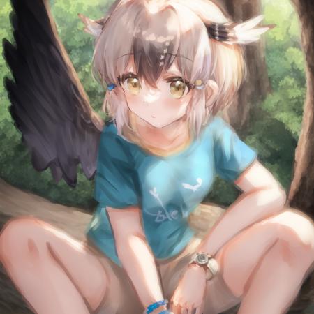 kusomeepchan, 1girl, ((solo)), shirt, beige hair, short sleeves, head wings, bird tail, beige bike shorts, short hair, hair between eyes, aqua t-shirt, shirt writing, bangs, hair tubes, yellow eyes, feather hair ornament, sidelocks, bare arms, watch, detailed shading, detailed ambient light