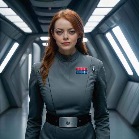 professional portrait photograph of EmmaStone, <lora:EmmaStoneSDXL:1.0> with (long red hair), (wearing an Imperial officer (gray) uniform, <lora:Imperial Officer:0.7>), (standing in a futuristic spaceship corridor:1.2), summer <lora:DetailedEyes_V3:0.8> (pores:0.5) (freckles:0.2) (bokeh:0.3)