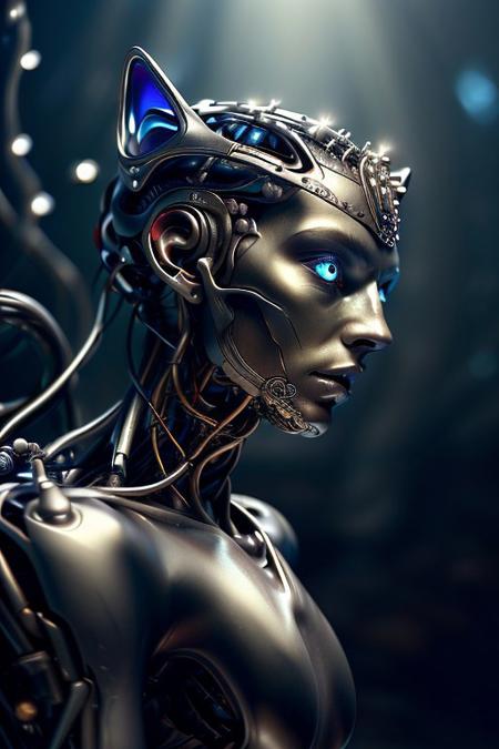 cinematic film still silverpulse, cyborg cat, simple background, high quality, artistic, vibrant colors, detailed textures. futuristic sleek/glossy silver and blue glow, vibrant colors, detailed textures., Concept art, cyborg, background, vintage, modern, SilverPulse, <lora:SilverPulseMorphXL:0.8>, excellent composition, artistic, highly detail, holy, sunny, dynamic dramatic beautiful full taking . shallow depth of field, vignette, highly detailed, high budget, bokeh, cinemascope, moody, epic, gorgeous, powerful, alive,