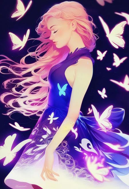 realistic, score_9, score_8_up, score_7_up, score_7, score_6_up, score_5_up, reij-artgrafneonsplash, purple neon glow, soft shadows ,(black background:1.2), black ground, dress, inked landscape patterns, calligraphy, inkstyle, fairies swirling around, butterflies, volumetric lighting, night time, sea of lowers, moonlight black background, side view, long hair
