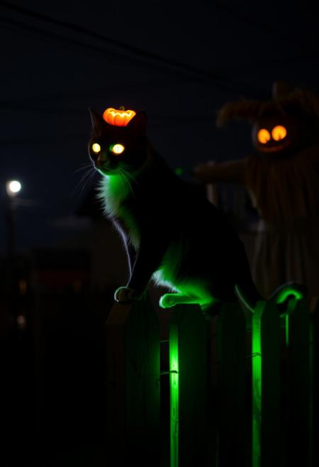 Spirit glowing cat walking on top of a fence, glowing pumpkin on its head, green light on its tail, scarecrow with glowing eyes in the background, gloomy atmosphere, night, Halloween