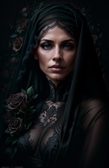 award winning photo, photo, Style-Widow, black roses, veil covering face, upper body, woman, mournful expression,(moonlit cemetery:1.5), by Jeremy Lipking, by Antonio J. Manzanedo, by lee jeffries nikon d850 film stock photograph 4 kodak portra 400 camera f1.6 lens rich colors hyper realistic lifelike texture dramatic lighting unrealengine trending on artstation cinestill 800, fisheye lens