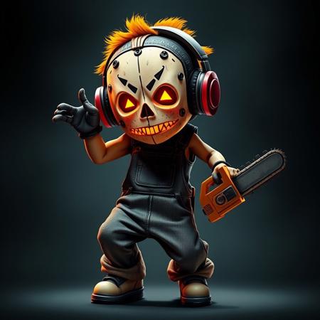 A cute leatherface character with exaggerated proportions, with a glowing tattered skin mask on the head, triangular eyes and nose, a hip-hop style loose overalls, wearing big headphones, holding a toy chainsaw, dancing hip-hop to the music, Flexible and playful