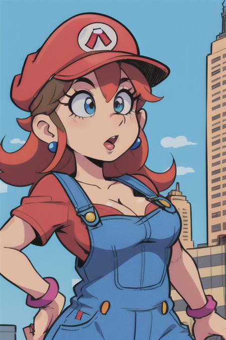 <lora:SuperMario:0.4>
1girl as supermario in blue overalls and a red tshirt,  running in new york city, skyscrapers, hat, 80's anime style, cleavage