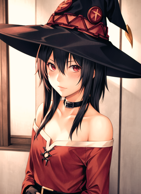 obata takeshi, masterpiece, best quality, megumin, 1girl, bare shoulders, black cape, black gloves, black hair, blush, cape, choker, collarbone, dress, hair between eyes, hat, long sleeves, looking at viewer, medium hair, off-shoulder dress, off shoulder, red dress, red eyes, sidelocks, solo, witch hat, indoors, 
 <lora:obata_takeshi_offset:1>