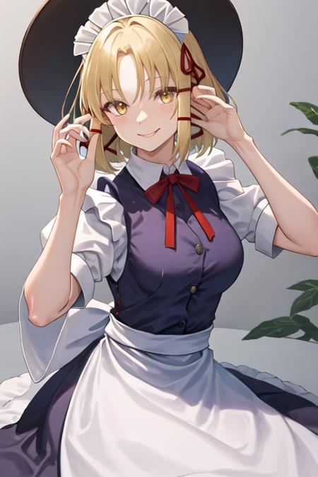 best quality, masterpiece, highres, solo, {maid:1.40}, {long maid dress:1.15}, {moriya_suwako_touhou:1.15}, blonde_hair, hat, ribbon, hair_ribbon, vest, smile, yellow_eyes, bangs, red_ribbon, brown_headwear, purple_vest, sidelocks, short_hair