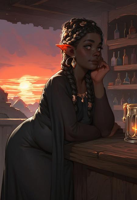 (score_9, score_8_up:1.1), score_7_up, 1girl, dark black skin, pointed ears, multiple earrings, chubby body,wearing fantasy dress, freckles, tavern background, leaning over a bar, black goddess box braids with curls, jewels in hair, textured hair, detailed face, sunrise lighting shining on her, close up