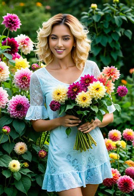 A woman with flowers in a garden of dahlias. These high-quality images are a celebration of creativity and artistry, showcasing the talent and skill of the artist behind them.