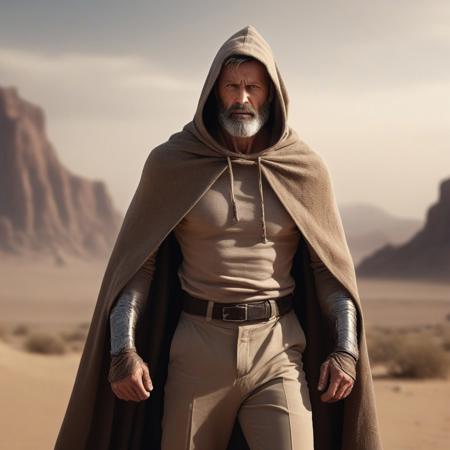Muscular man stands tall, features short brown and grey hair, accompanied by a brown and grey beard, adorned in a beige sweater, brown trousers, metal bracers, with a tattered old brown cloak and hood billowing around him, set against a backdrop of a scorching desert planet, aesthetic in a dramatic lighting, ultra realistic, 8k, cinematic.