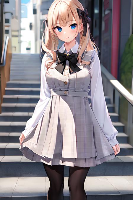 Amavelgerydress,1girl,full body, naughty face, large breasts, 
Best quality, masterpiece, ultra high res, RAW photo,masterpiece, best quality, delicate face, (narrow waist:1.2),arms behind back, 
dress, long sleeves, bow, frills, (plaid dress:1.5), sleeves past wrists, white bowtie, standing, plaid,grey dress, white bow,(black pantyhose:1.4), footwear, pearl  button
outdoors, 
,<lora:AmavelgerydressV1.0:0.8>