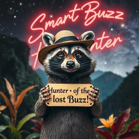 masterpiece, intricate photo realistic photo, cute racoon wearing hat holding a small beige wooden plate on which is written "Hunter of the lost Buzz!", background jungle, stars, galaxies, nebulae, in the sky is written in neon letters "Smart Buzz Hunter", as realistic as possible, hyper realistic, highly detailed, sharp focus,dark art, gothic art, cyberpunk style, best quality, high resolution, colorful, vibrant colors, studio lighting, 8K