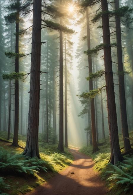 Moody landscape painting of ancient forest path winding upward through towering pine trees shrouded in morning mist. Atmospheric perspective with layers of fog creating depth, filtered sunlight creating god rays. Rich green palette with warm light accents, romantic sublime aesthetic emphasizing nature's majesty and mysterious beauty.