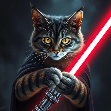 a cat embracing a lightsaber like a sith lord, darkness