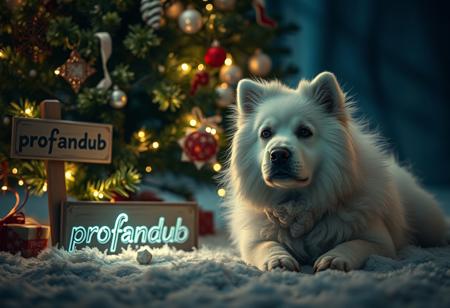 score_9, score_8_up,score_7_up, score_6_up, score_5_up, score_4_up,
best quality, masterpiece, highres, soft lighting,atmospheric lighting, 8K,
,A white fluffy dog by a christmas tree, (((nearby lies sign saying "profandub")))