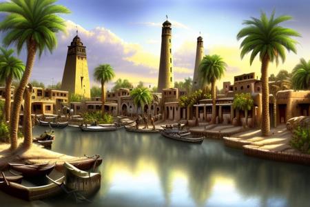 (masterpiece:1.2), (best quality,:1.2), 8k, HDR, ultra detailed, ((photorealistic)), professional light, cinematic lighting,ambient lighting,<lora:detail_slider_v4:2>, OverallDetail, a small town in ancient Egypt, by a river with a boat in the water and palm trees in the foreground and a building with a tower, Stygia, <lora:Stygia-10:1>, epiCPhoto