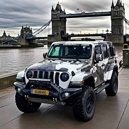 <lora:StormShadow_02B-000002:0.8>,a RAW photograph of (StormShadow Jeep:1.1),
parked along the riverfront in London, near a red phonebooth, with the Tower Bridge in the background,cloudy day,
(wide_shot:1.2),from_side,8k,uhd,best quality,masterpiece,raw photo,photorealistic,high contrast,HDR,HD wallpaper,IMAX,highres,absurdres,landscape,