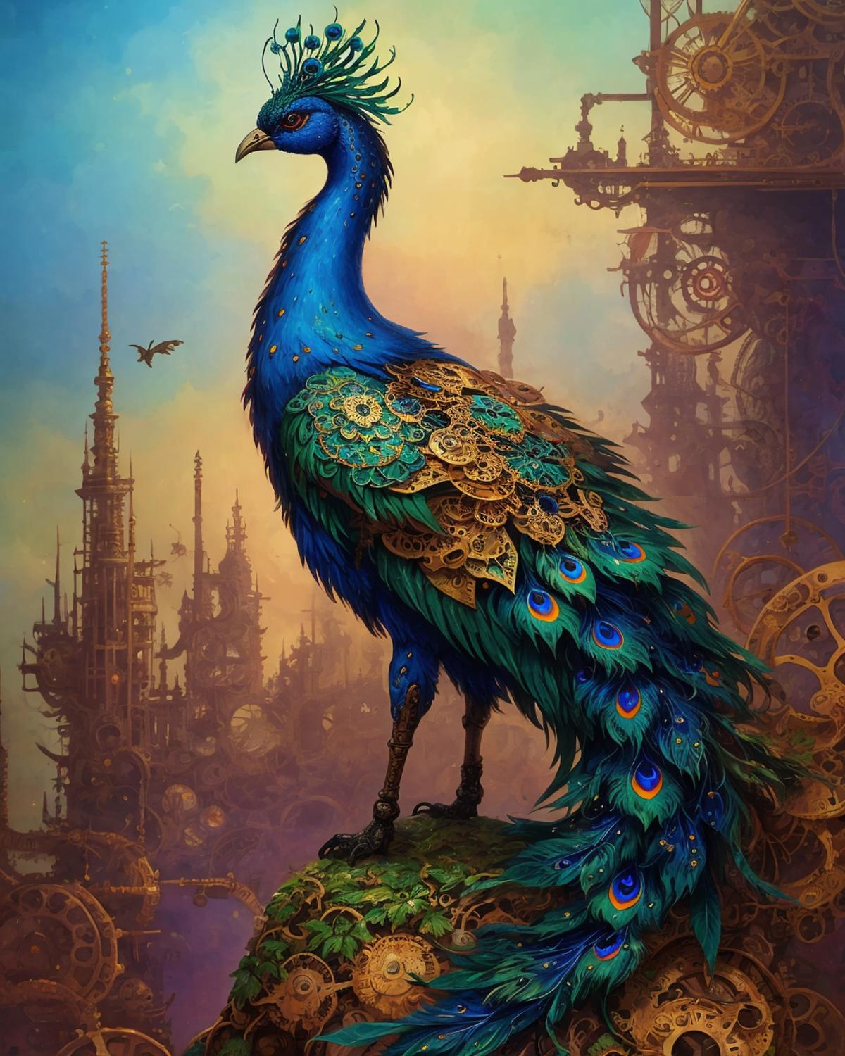 A beautifully illustrated blue peacock standing on a rock with gears in the background.