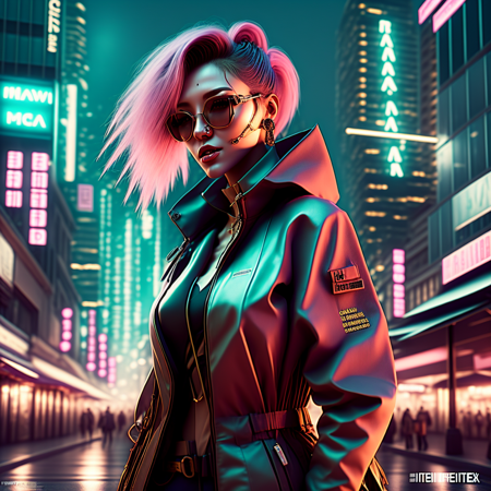 photo, a woman with pink hair standing in the middle of a city at night