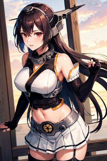 aanagato, long hair, headgear, hairband, collar, bare shoulders, crop top, elbow gloves, fingerless gloves, black gloves, midriff, pleated skirt, white skirt, garter straps, thighhighs aanagato, long hair, headgear, hairband, collar, coat, elbow gloves, fingerless gloves, black gloves, midriff, pleated skirt, white skirt, garter straps, thighhighs