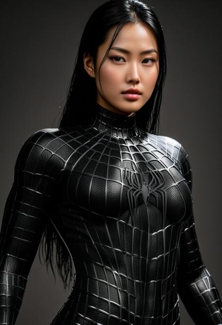 score_9, score_8_up, score_7_up, best quality, realistic, masterpiece, beautiful detail, hyperrealistic, ((1girl, woman body, big breasts)), amazing detailed full body of a cute korean girl, cute face, wearing a realistic and highly detailed black raimi spider-man suit, ((huge muscular girl)), professional model wears ultra - detailed black raimi spider - man suit, ultra - detailed and grained black raimi spiderman suit, suit covered entire body and hand, black spiderman gloves, wet, close up, black hair, variation pose, octane render, highly detailed, volumetric, dramatic lighting, (highest quality:1.1), (HDR:1.3), (top quality, best quality), realistic, high definition, masterpiece, 8k, best quality, best illumination, best shadow, an extremely delicate and beautiful, finely detail, depth of field, classic, highres, perfect lighting, black background,