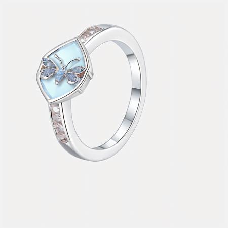 ajd, ring, sliver ring, diamond trimmed ring, Butterfly-shaped Ring
,white background, simple background,,
no  humans, 
 <lora:ringv1:1>