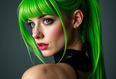 score_9, score_8_up, score_7_up, score_6_up, score_5_up, score_4_up, 1woman, RAW photo, (freckles:0.8), long ponytail, neon green hair, medium close-up shot side view, latex corset (busty 44d:1.5), extremely detailed, beautiful detailed green eyes, full lips, pale skin, neutral expression, neutral gray background, studio lighting , in the style of (kyuYong Eom:1.0)