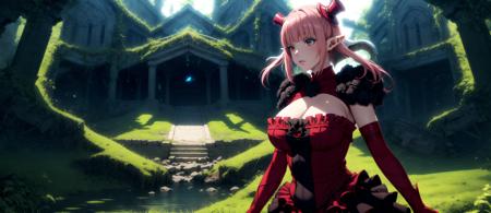 <lora:AstarothX_V3:0.9>  masterpiece, best quality, astarothx, twintails, low horns, frilled dress, black rose, shoulder pads, mini top hat, red elbow gloves, large breasts, scenery, ruins, vines, overgrown, mysterious, rim lighting, soft particles, glowing, backlighting