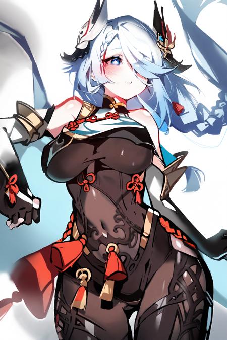 by electrophorus, best quality, detailed, 1girl, shenhe \(genshin impact\), solo, looking at viewer, blue eyes, hair over one eye, long hair, white hair, hair ornament, braid, braided ponytail, bangs, large breasts, breasts, breast curtain, hip vent, covered navel, bodysuit, gloves, black gloves, partially fingerless gloves, clothing cutout, shoulder cutout, tassel