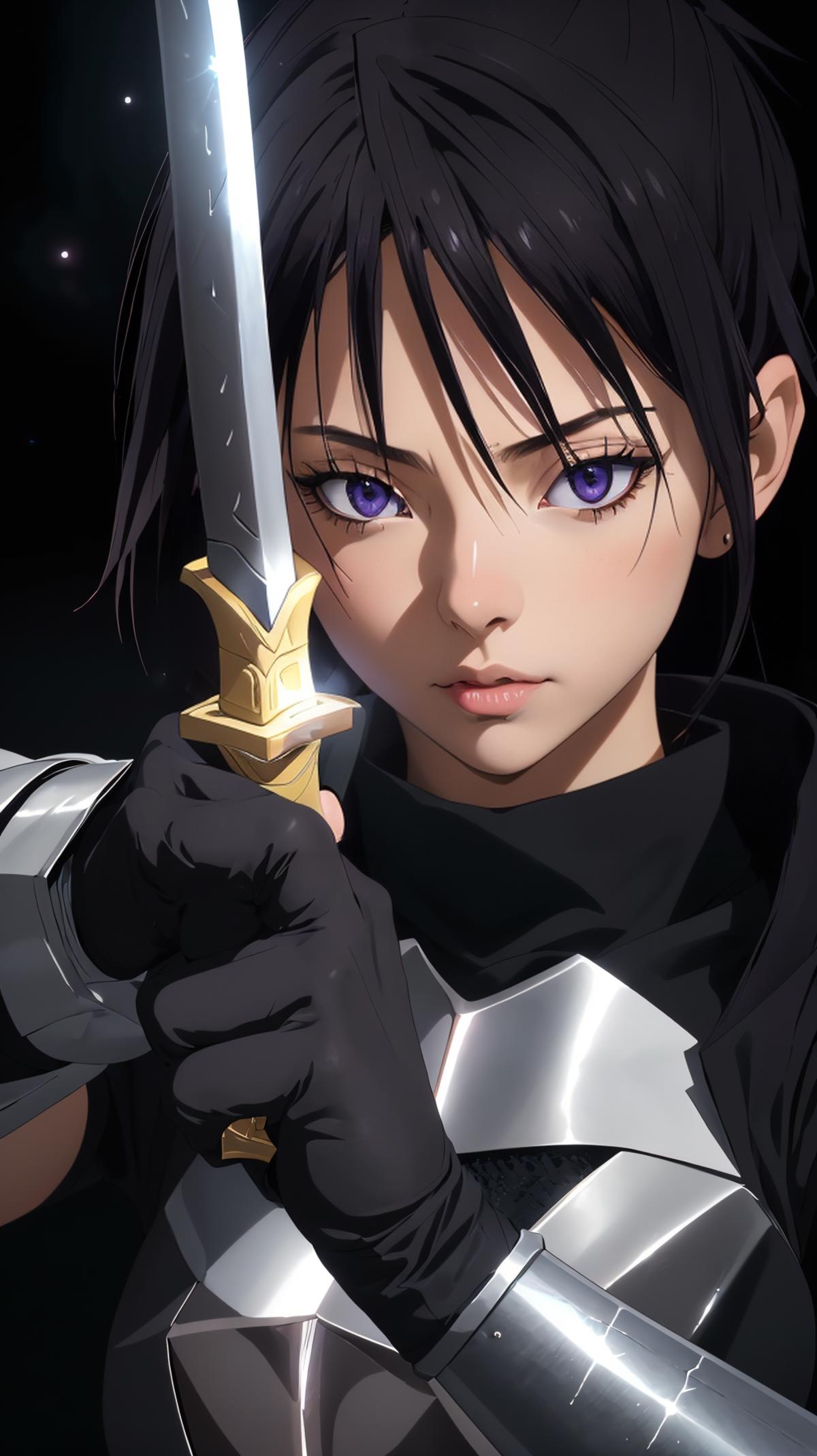 A young woman holding a sword with purple eyes.