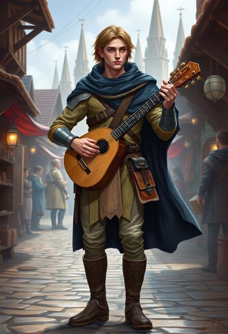 “Design a tall, thin, and attractive human male in his early 20s, playing the lute. He is a level 3 Bard in a Dungeons & Dragons fantasy setting. Dressed in light leather armor with simple patterns, a flowing dark-blue cloak, and a satchel filled with parchment and musical notes at his side, he stands in a vibrant, medieval marketplace. His lute is simply crafted, and he strums it confidently, enchanting the onlookers around him. The background features cobblestone streets, wooden stalls, and distant towering spires. The atmosphere feels alive with magic and music.”