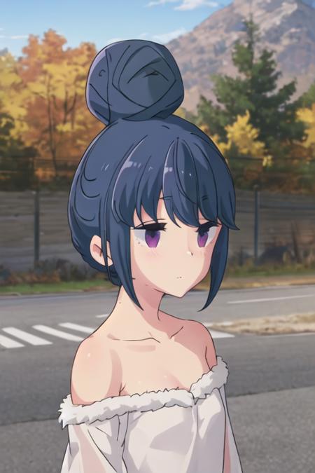 best quality, masterpiece, highres, solo, {shima_rin_yurucamp:1.15}, blue_hair, purple_eyes, closed_mouth, outdoors, single_hair_bun, hair_bun, 1girl, bangs, black_shirt, collarbone, long_hair, shirt, hair_down, upper_body, fur_trim