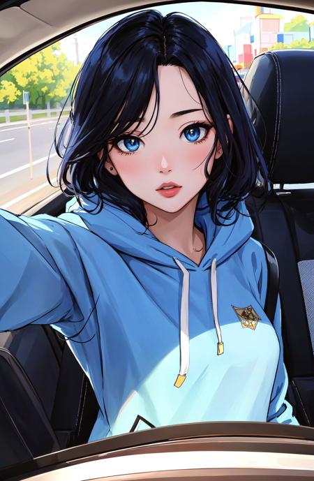 anime absurdres illustration, drawing, (lineart:0.6), rainbowart\(ttp\) ,<lora:Rainbowart_V1_loha:1>, RAW photo, a 22-year-old-girl, upper body, selfie in a car, blue hoodie, inside a car, driving, lipstick, soft lighting, high quality, highres, sharp focus, extremely detailed, (sunlight on face), beautiful detailed eyes, masterpiece, cinematic lighting, dslr, Fujifilm XT3