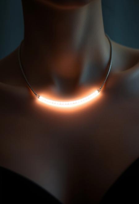 subdermal LED bar necklace, (internal LED glow:1.7), (embedded LEDs:1.8) forming a sleek, horizontal line of glowing light beneath the skin across the collarbone, soft light radiating outward from the center, (horizontal glowing line:1.6) following the natural curve of the body, smooth light diffusion, (natural skin tone:1.5), high-definition, (ultra-realistic skin texture:1.8), seamless light transitions beneath the skin, (no visible jewelry:1.8), (worn necklace:-1.8), (chains:-1.8), radiant horizontal light band under the skin, minimalist yet modern, perfect for casual and formal wear