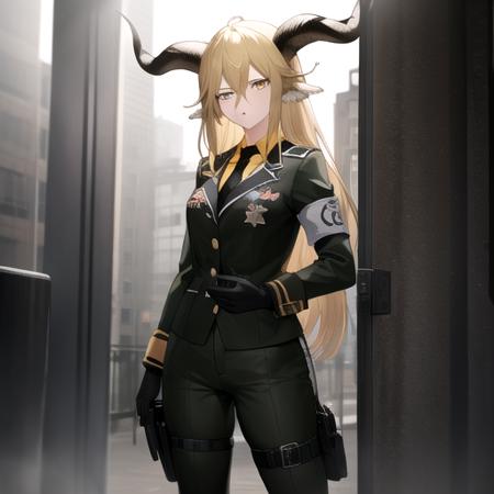 ((masterpiece)),(best quality),official art,extremely detailed CG,unity 8k wallpaper,ultra detailed,1girl,solo,cowboy shot,scowl,animal_ears,absurdly_long_hair,blonde_hair,shirt,military_uniform,black_pants,goat_horns,hair_between_eyes,black_gloves,black_jacket,black_footwear,looking_at_viewer,long_sleeves,yellow_eyes,goat_ears,thigh_strap,armband,bangs,black_necktie,high_heels,breasts,<lora:Degenbrecher(ark)>,