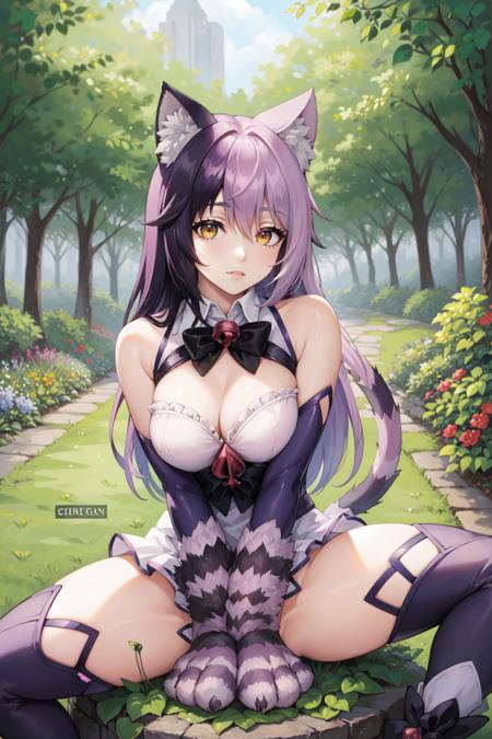 cheshire_cat, animal ears, cat ears, tail, animal hands, cat paws, cat tail, monster girl, long hair, large breasts, bow, cat girl, bell, bare shoulders, hair between eyes, animal ear fluff, jingle bell, thighhighs