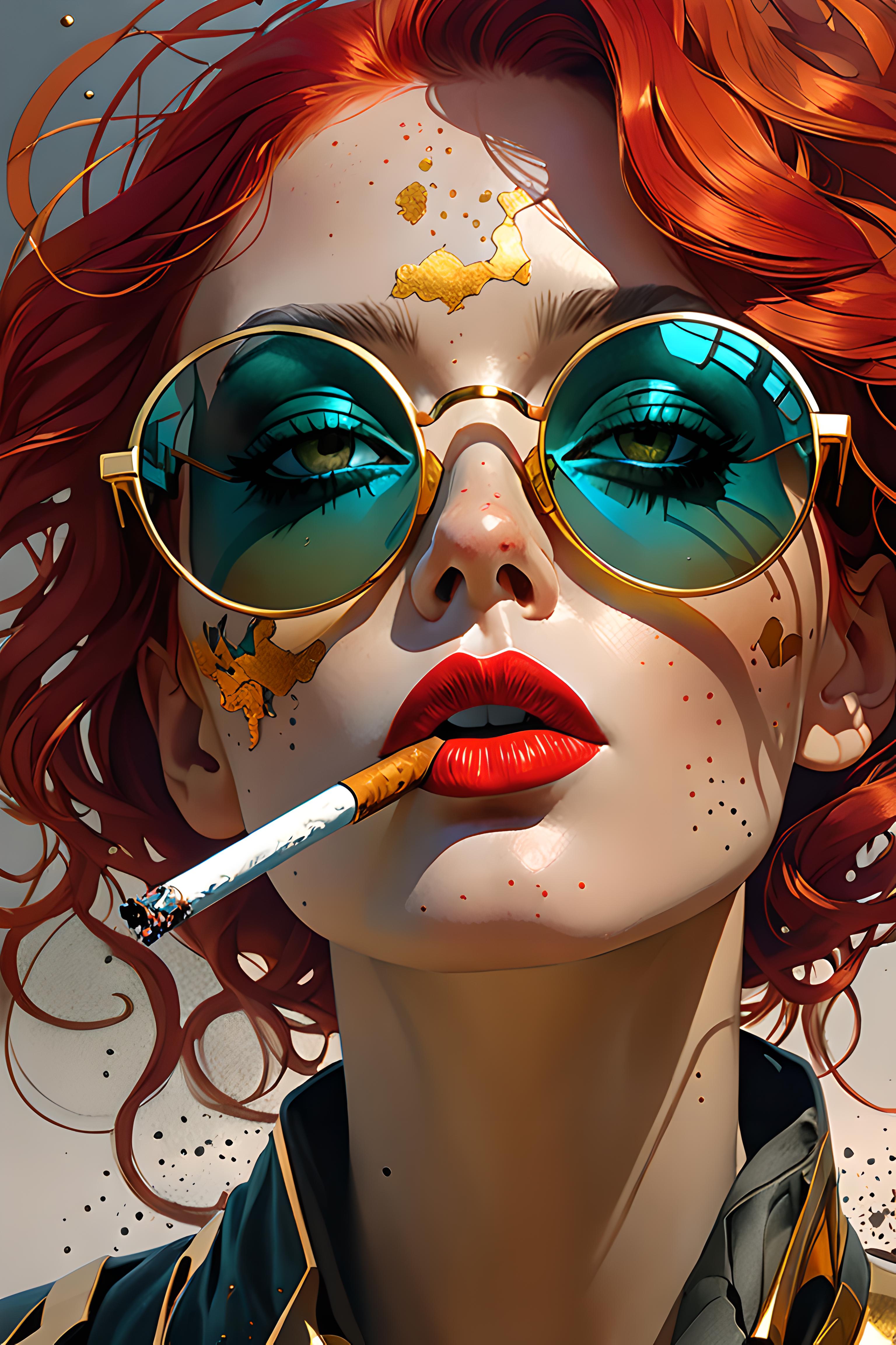 A woman with red hair and sunglasses smoking a cigarette.