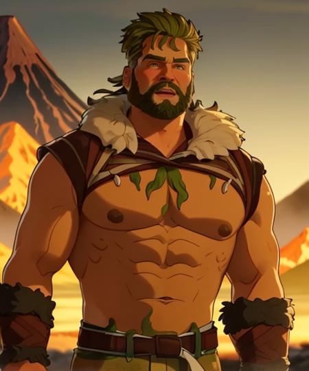 (adult man), (1boy, solo), ((caveman, fur clothes)), dirty, muscular, abs, (green hair, long messy hair), (yellow eyes), ((primordial earth, jungle, volcano)), (yellow sky), ((best quality, high detail)), ((masterpiece)), <lora:1_whatif_18e:1>