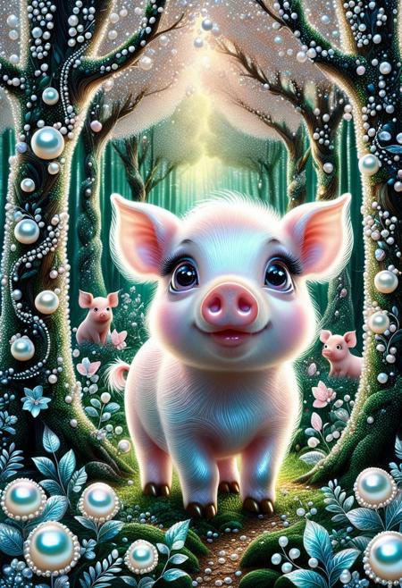 A cute pig, in a Pearlum forest, fantastical, looking around trees, whimsical, cute, big eyes  <lora:Pearlum_World_Morph:1>