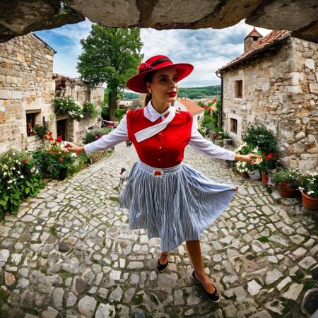 A stunningly beautiful woman. the emphasis is on a beautiful face. dancing in a red hat contrasts perfectly with the square of the old town and the stone walls of the houses. white ribbons. flowers.  decorate the picture around the perimeter. the atmosphere of a summer vacation.wide-angle panoramic shooting with a fisheye lens. bottom-up view. analog photography. details, natural ambient lighting, add xl details, attractiveness, cinematic photography, stunning facial texture detail, clear focus, stunning depth of field, stunning extensive details, natural ambient lighting, add details
