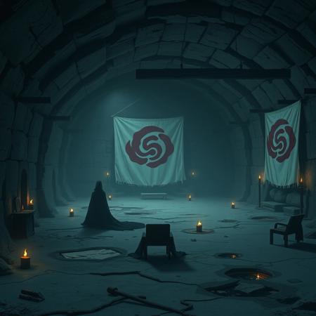 A liminal space inspired by the Akatsuki, as seen in Naruto. The environment is dark, cold, and desolate, with an abandoned, eerie atmosphere. The setting is a large, empty cavern or underground hideout, dimly lit by faint, flickering lights from scattered torches. The stone walls are rough, covered with cracks, and the floor is uneven, with pools of stagnant water in some areas.
The iconic Akatsuki cloak and red cloud symbol are subtly referenced in the surroundings, with tattered banners and empty chairs scattered around, creating a sense of unsettling solitude. There is no sign of the members, only the remnants of their presence—their dark and oppressive aura hangs in the air. The place feels abandoned yet oddly alive, as if the weight of the Akatsuki’s actions still lingers in the shadows, creating a chilling sense of isolation and unresolved tension.