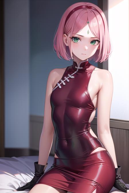 sakuraharuno, <lora:sakuraharunov2-lora-nochekaiser:1>,
sakura haruno, short hair, bangs, (green eyes:1.5), pink hair, hairband, facial mark, (forehead mark:1.2), red hairband, (swept bangs:1.5), (small breast:1.2),
BREAK chinese clothes, dress, red dress, short skirt, black shorts, gloves, black gloves, sleeveless,
BREAK looking at viewer,
BREAK indoors, bed,
BREAK <lyco:GoodHands-beta2:1>, (masterpiece:1.2), best quality, high resolution, unity 8k wallpaper, (illustration:0.8), (beautiful detailed eyes:1.6), extremely detailed face, perfect lighting, extremely detailed CG, (perfect hands, perfect anatomy),