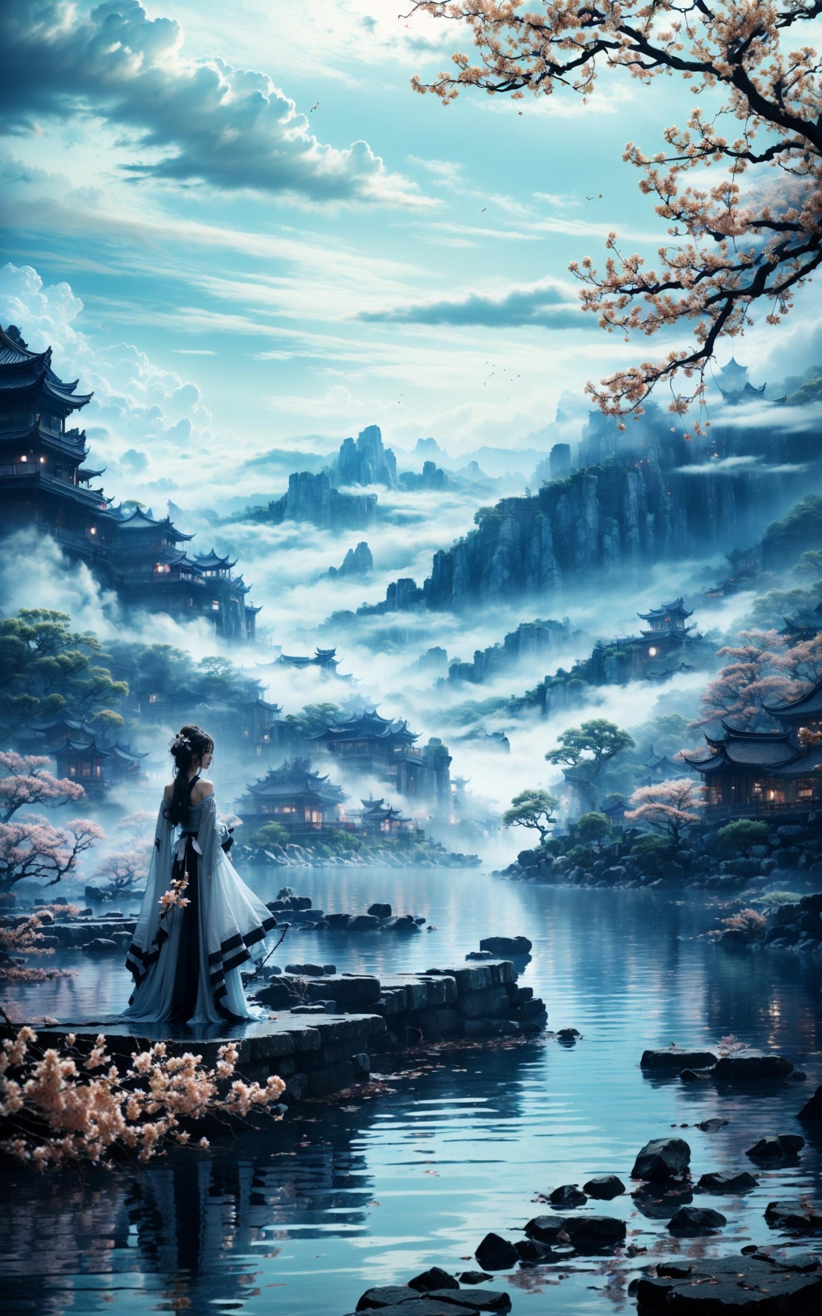 A woman in a white dress standing by a river in front of a mountainous background with Asian-inspired architecture, including pagodas and a castle. The scene is set in the evening with a flowery tree and a bird flying nearby.