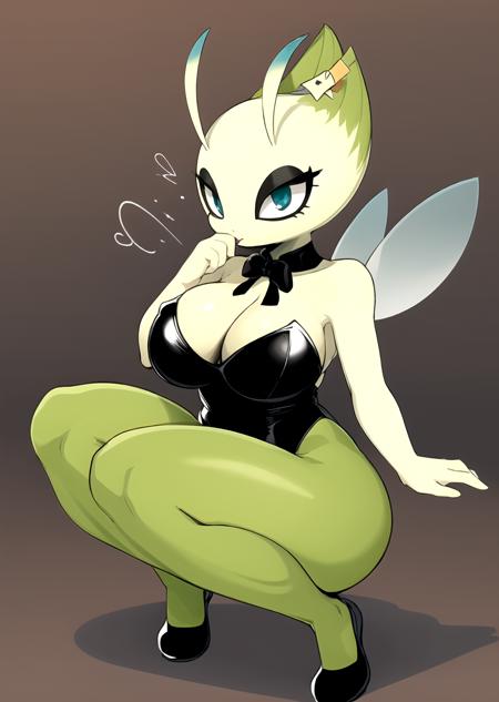 1girl, <lora:Celebi-10:0.9>, Celebi, wings, green skin, fairy wings, pokemon \(creature\), 
 strapless leotard, hairclip, tabi, footwear ribbon 
huge breasts 
food on face