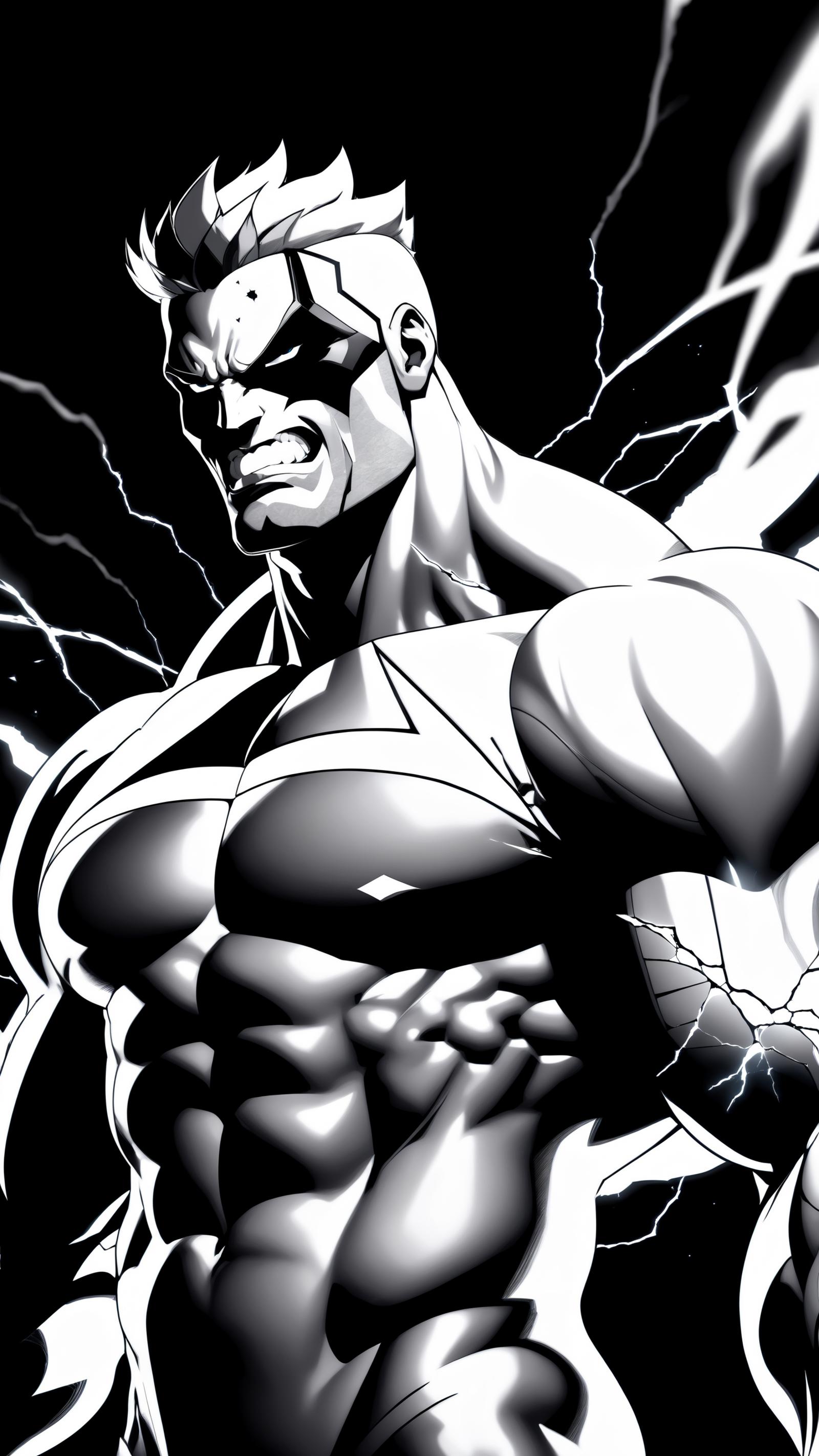 A muscular black and white comic book superhero.