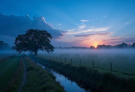 a rural landscape, pastures, fences, oak trees, dirt road, small creek, twilight, blue hour, mist rising rom the ground, sky, cloud, moon, horizon,, masterpiece, hd photography, 8k, ultra high res, ultra high detail, best quality, photorealistic, ultra detailed, realistic, opulent scenery, complex scene, rim light, 24mm lens, f/5.6, ISO 100, sharp focus, high dynamic range, photorealistic, expansive view, golden hour, by Steve McCurry