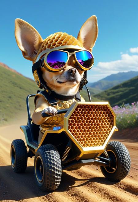 Honeycomb Morph, (made of gold Honeycomb:1.3), from side, cute small Honeycomb buggy, chihuahua driving, wear round goggles, wear animal ears helmet, wear Honeycomb armor, run through on mountain dirt road, Dust, blue sky, rainbow, flower, cinematic, cinematic lighting, (masterpiece, best quality:1.4), ultra-high res, 4k, Photorealistic, insanely detailed, sfw,