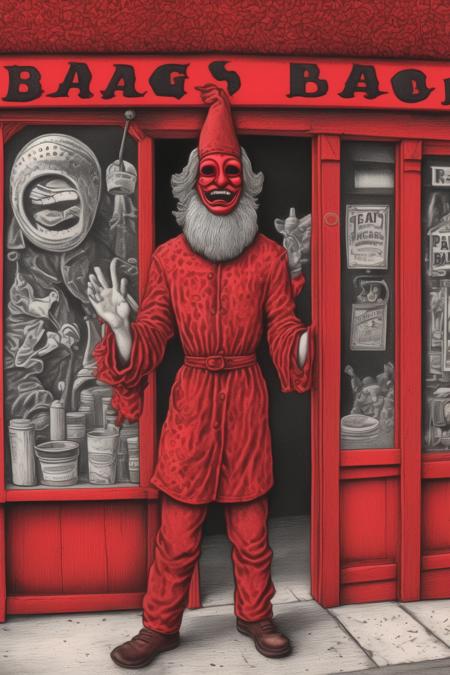 <lora:Robert Crumb Style:1>Robert Crumb Style - robert crumb style. vintage style. monochromatic red colour. a man wearing a pagan mask celebrates in front of a barber shop