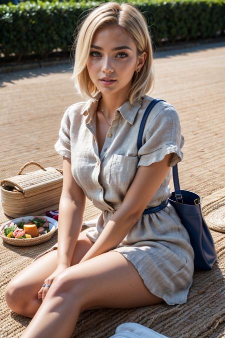 (best quality, photorealistic, masterpiece:1.3), dystopianx style, 1 girl, adult  woman,  purple eyes, platinum blonde fringe hair,, (Linen_shirt_dress:1.4),(Straw_crossbody_bag:1.3),(Slip-on_espadrilles:1.2),(Picnic_garden_background:1.4), high detailed skin,skin pores, 8k uhd,dslr,soft lighting,high quality,film grain,Fujifilm XT3, <lora:add_detail:0.6>