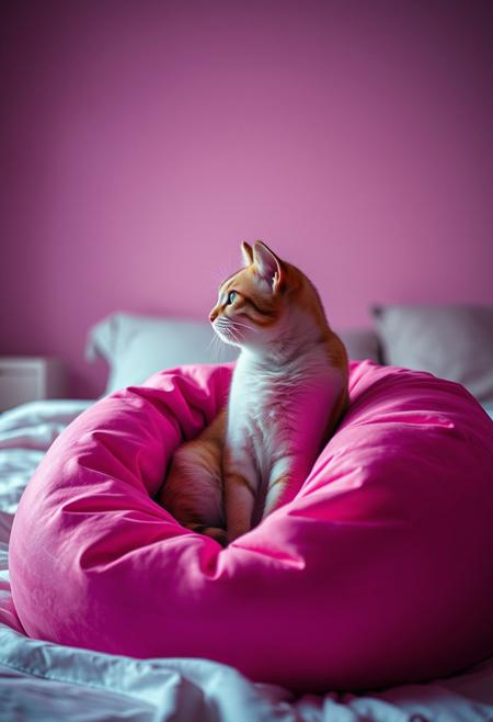 (Soft Lighting Photography by Mimoza Veliu and Mario Giacomelli:1.2), NSFW, A cat sitting in a large beanbag, magenta grunge, in profile, side view, surrealism, fashion illustration, bed room background, avant-garde, vivid colors, filigree, photorealistic rendering, moody chiaroscuro lighting
